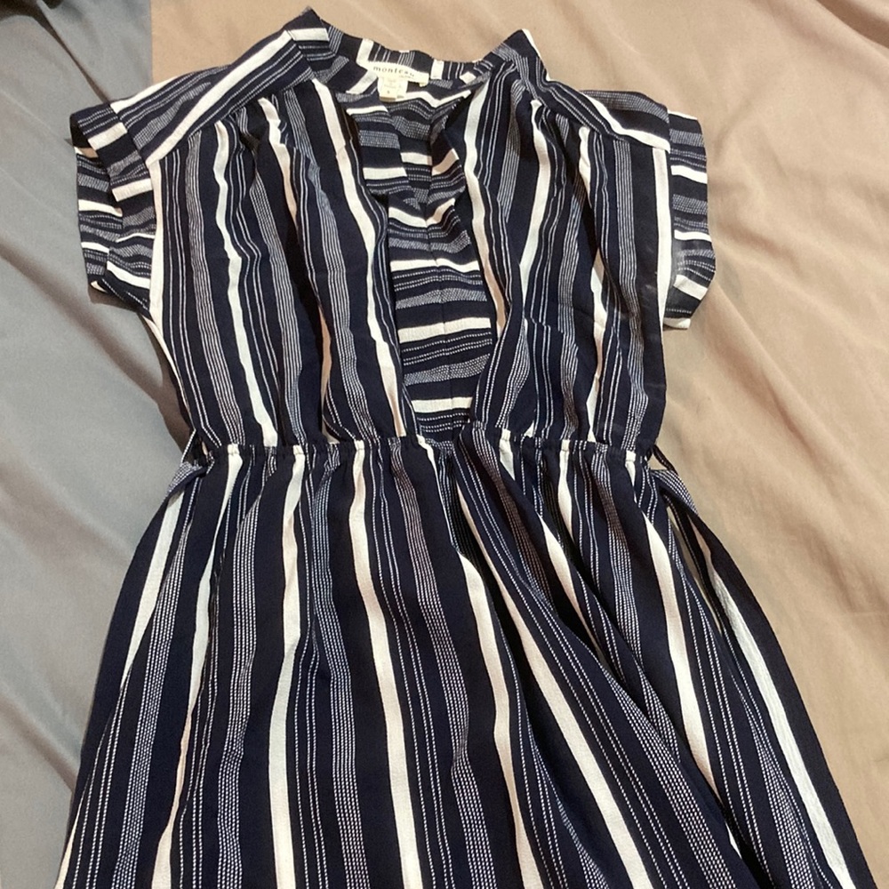 Monteau small white and navy vertical striped dress.